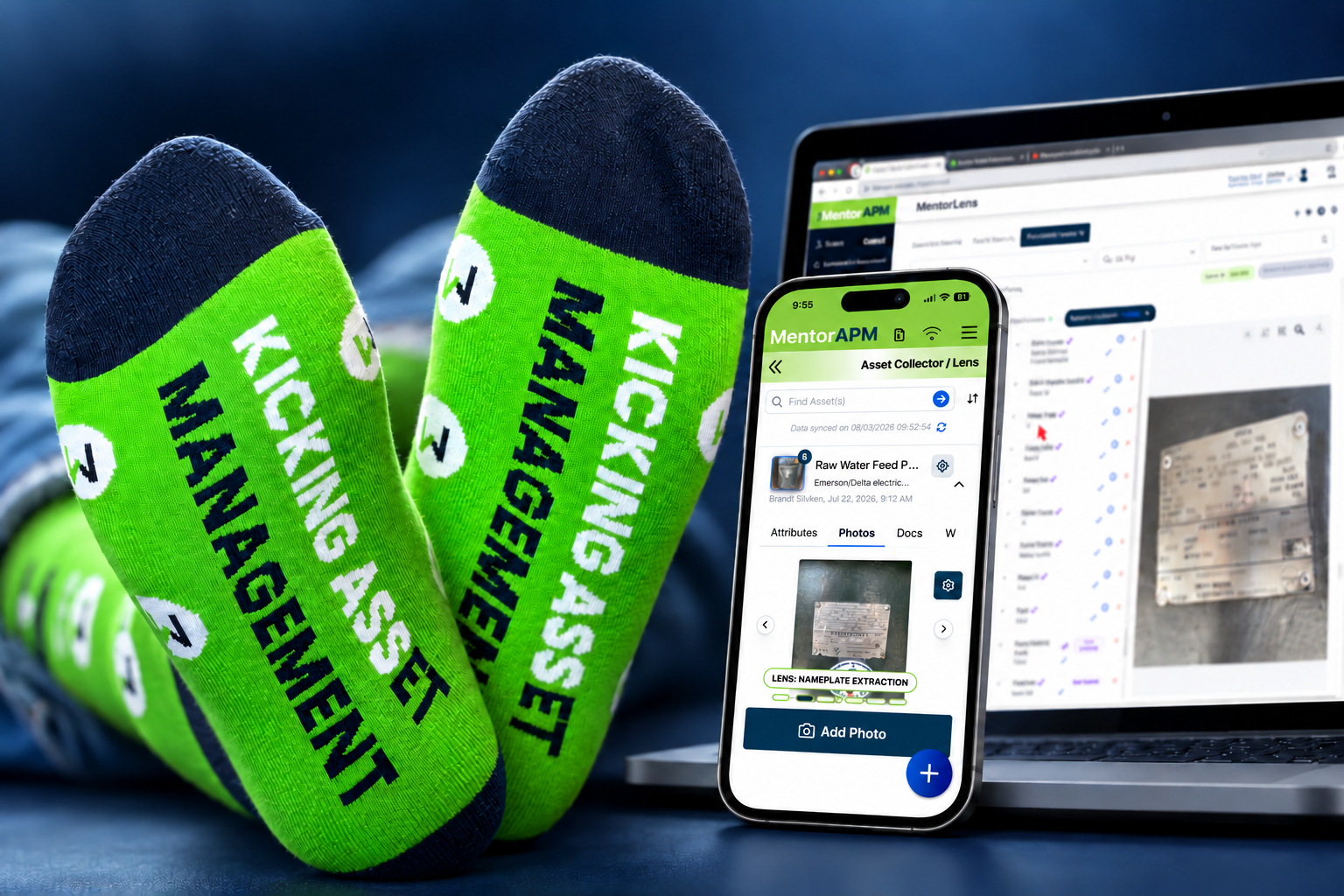 Knitted socks beside smartphone and laptop